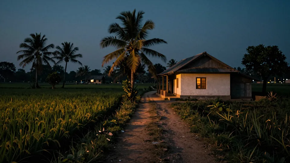 Ilustração: caminho de terra entre campos numa vila indiana ao entardecer, com uma pequena casa iluminada