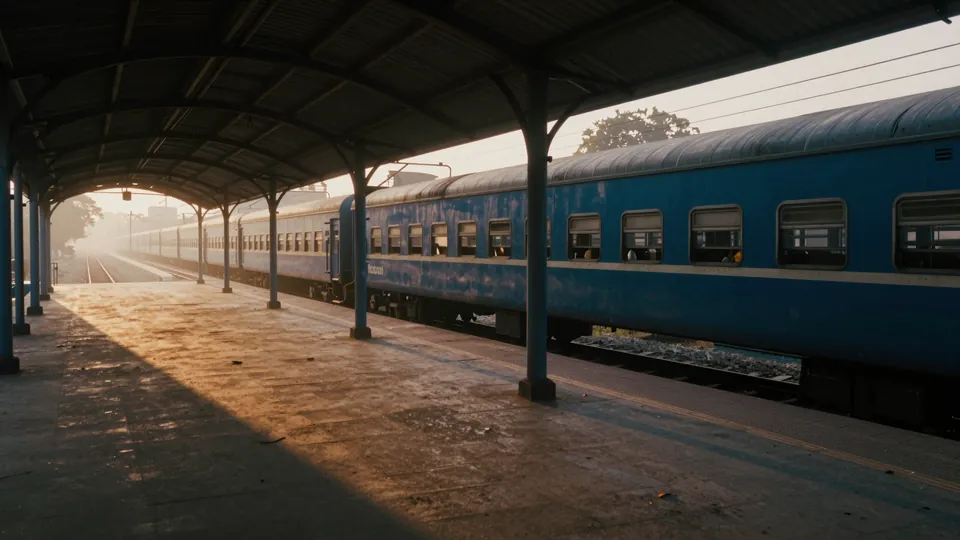 Ilustração: plataforma vazia de uma estação de trem na Índia ao amanhecer, com um trem parado ao lado