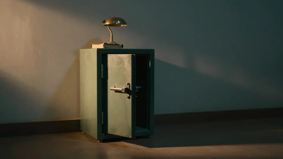 Illustration: old safe slightly open on an office desk, with a ledger beside it