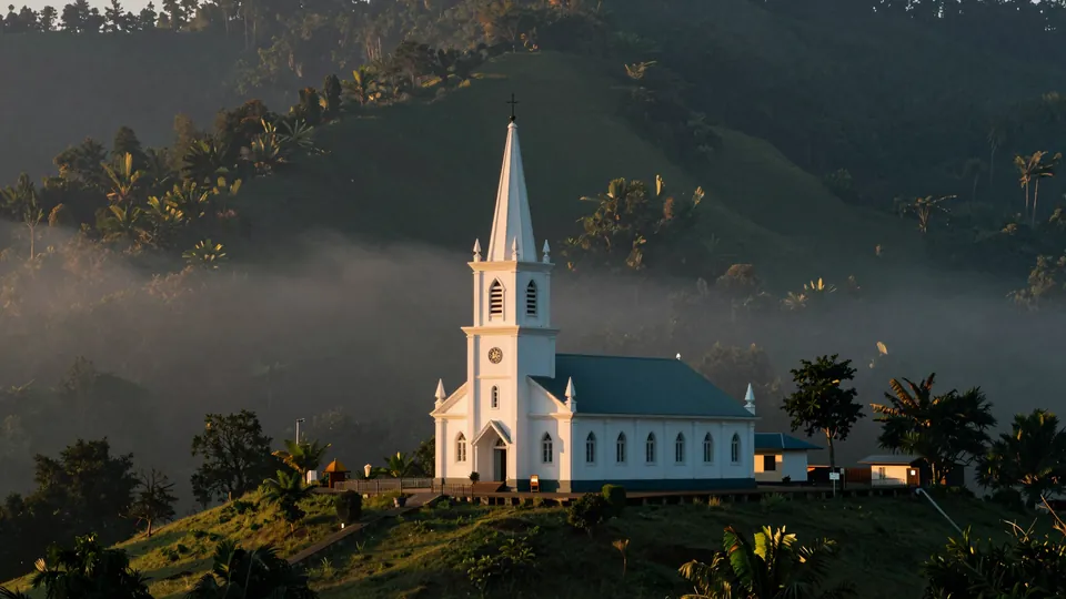 Ilustração: igreja de torre branca nas colinas verdes do Nordeste da Índia