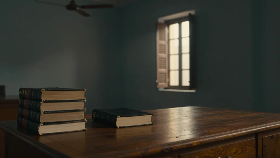 Illustration: law books and a closed Bible on a desk in an Indian government office