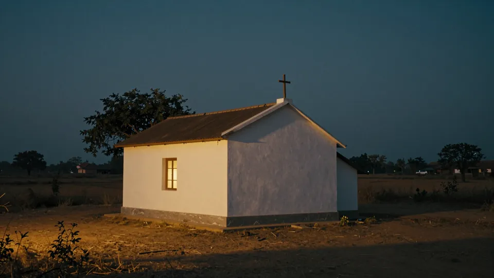 Ilustração: pequena igreja rural na Índia ao entardecer, com uma janela acesa
