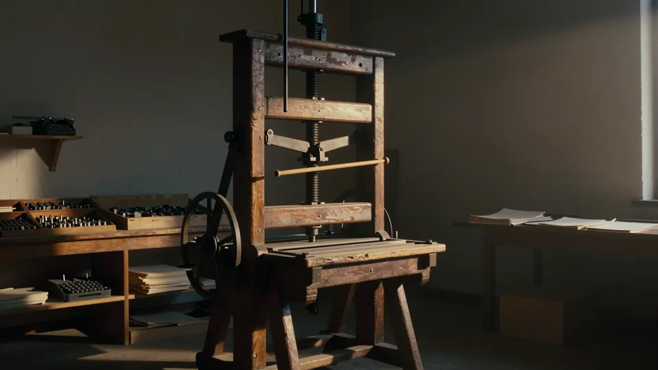 Illustration: an old wooden printing press with metal type and printed sheets in a nineteenth-century workshop