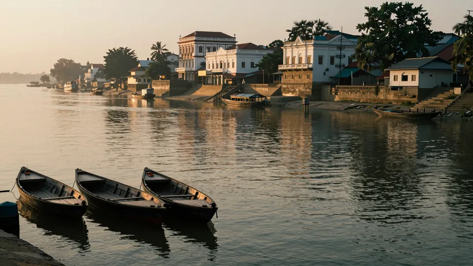 Ilustração: barcos de madeira no rio Hooghly ao amanhecer, com a margem de uma cidade de Bengala ao fundo