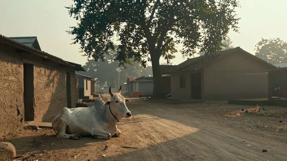 Ilustração: vaca branca deitada numa rua de vila indiana ao amanhecer, com casas de barro e uma árvore ao fundo