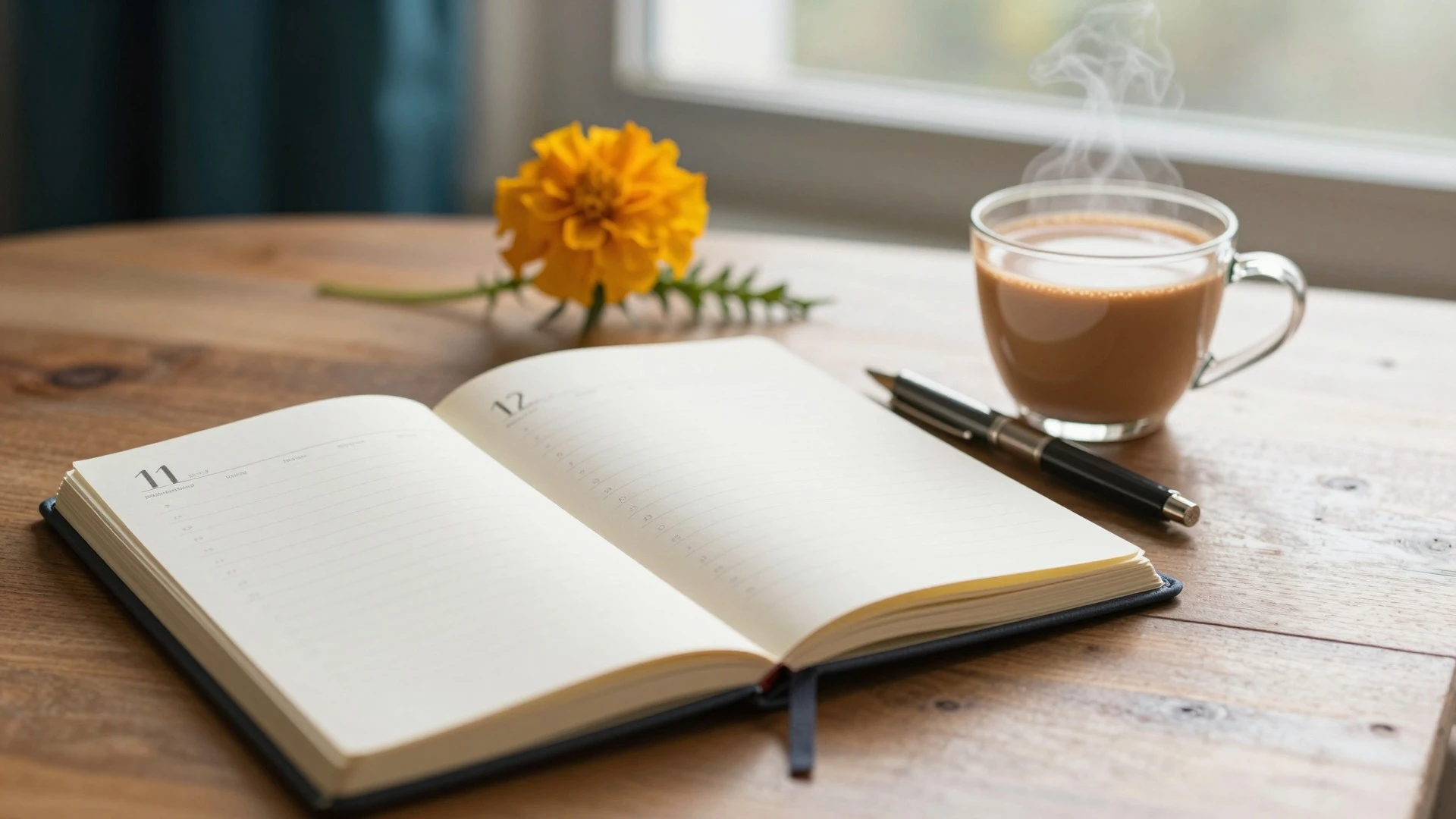 Open calendar and notebook with a cup of chai
