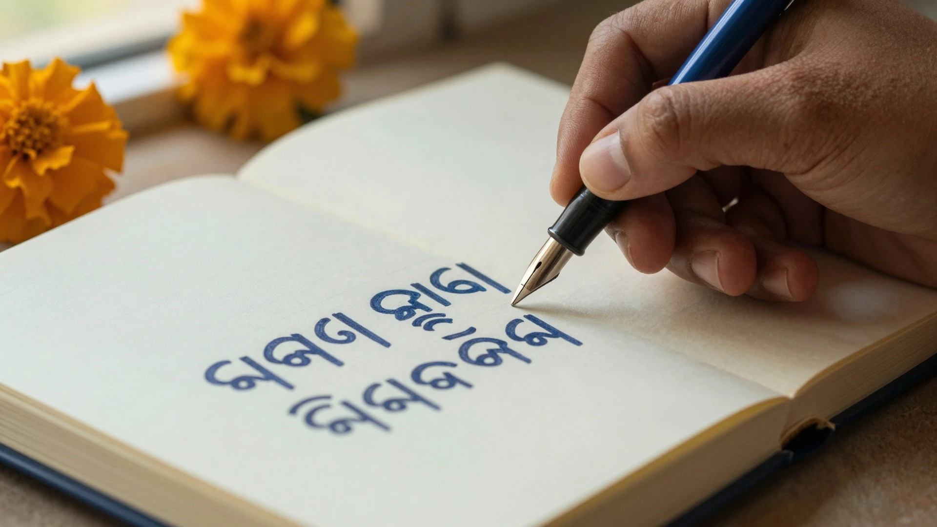 Close-up de uma mão escrevendo em script odia num caderno
