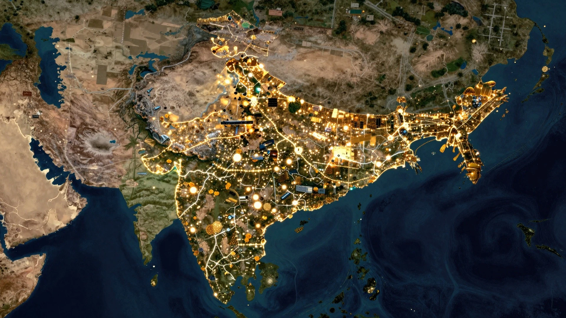Stylized night map of India with city lights