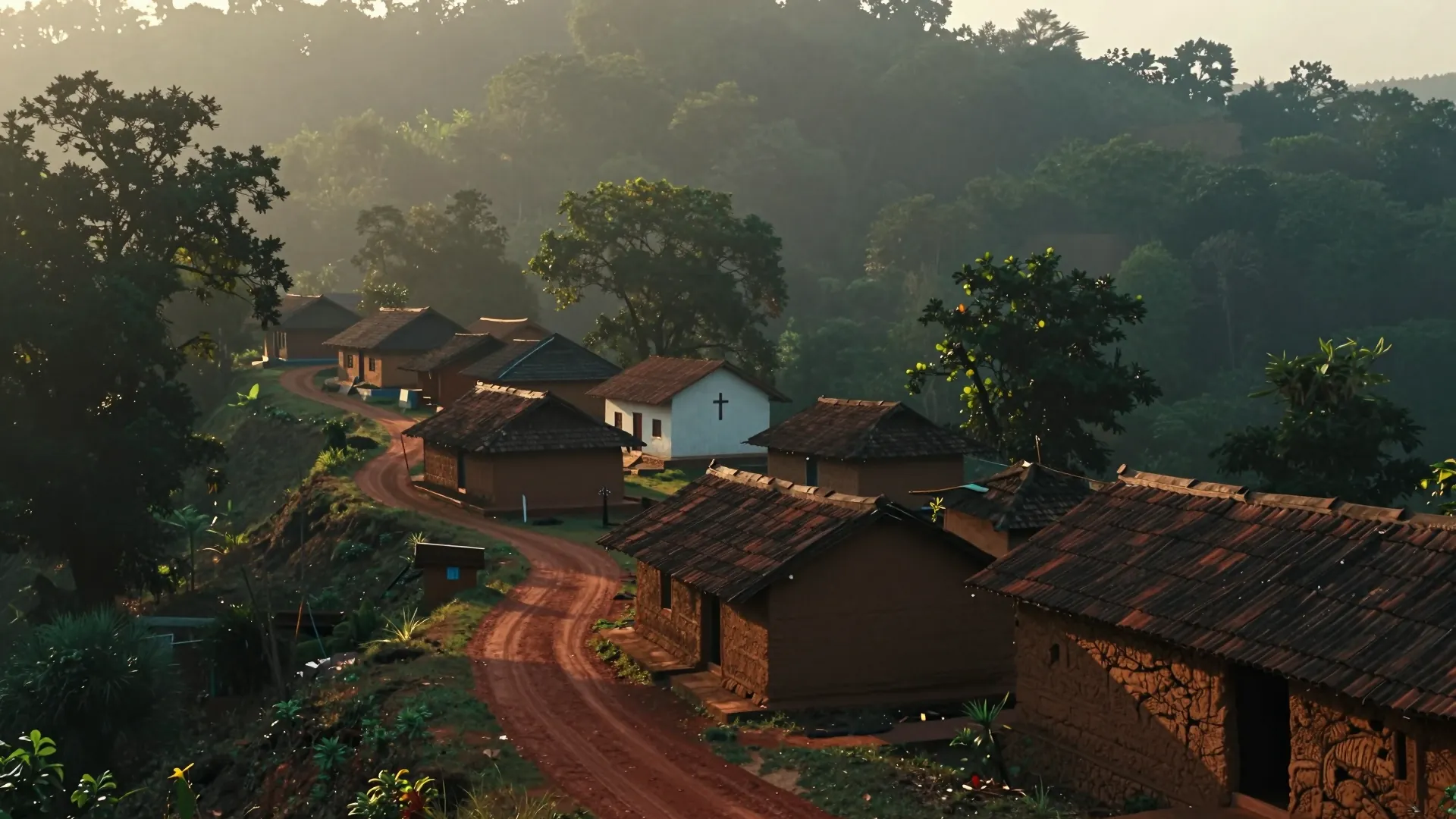 Illustration: misty hills in Kandhamal, Odisha, with a village of mud houses and a small white chapel