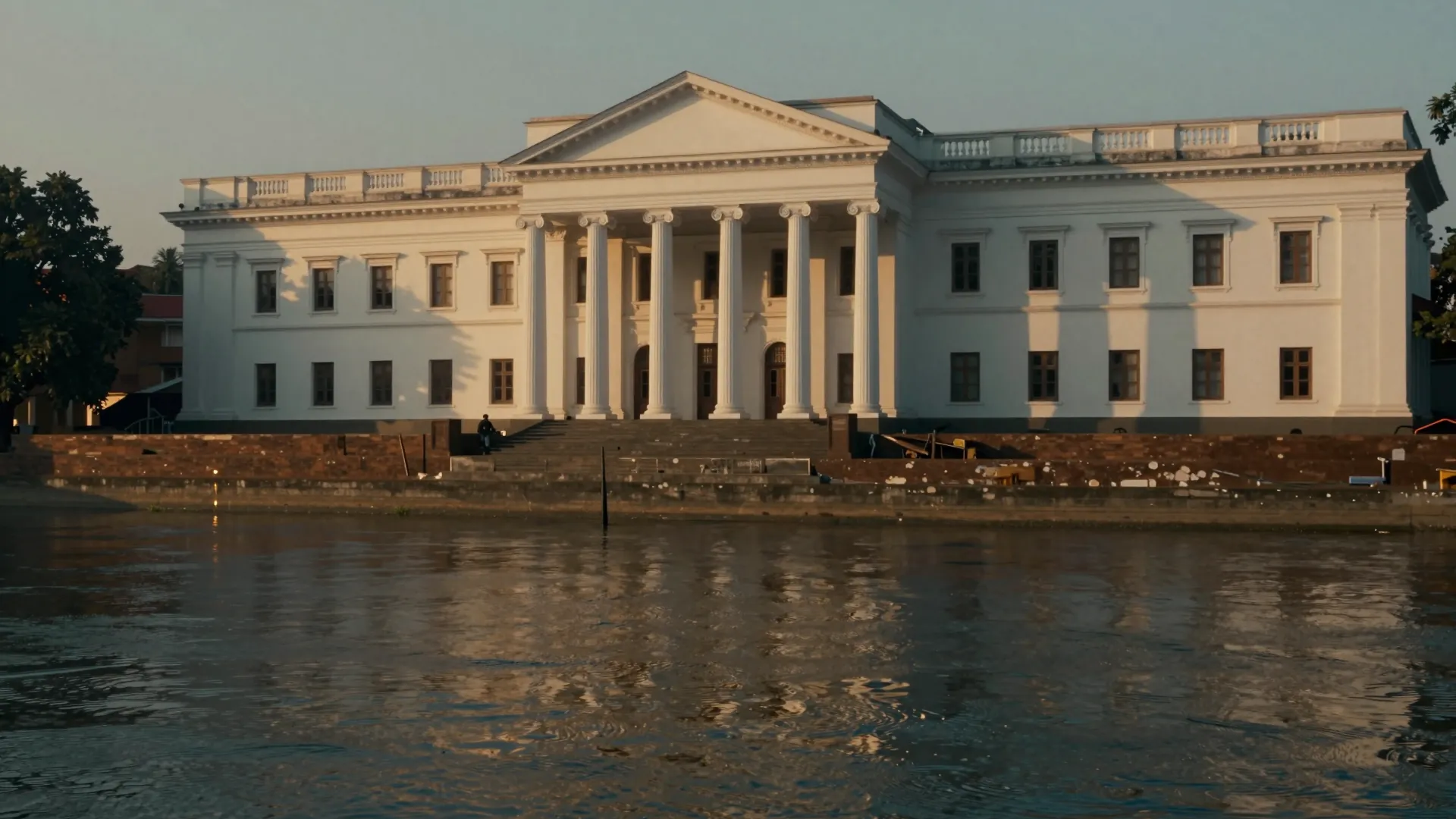 Illustration: white-columned neoclassical building on the bank of the Hooghly river in Bengal