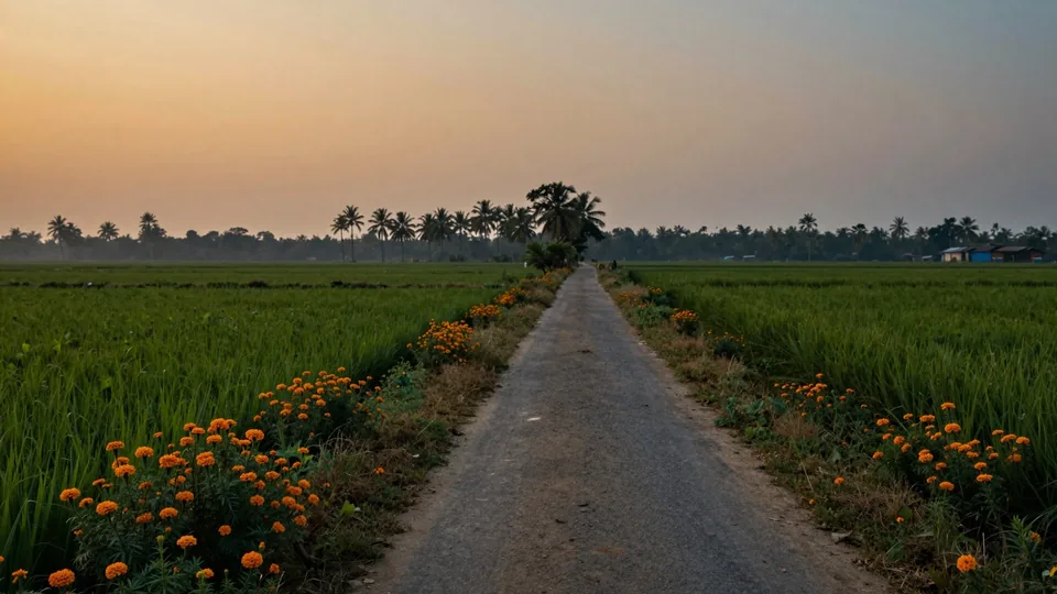 Rural road between rice fields and flowers in West Bengal at dusk
